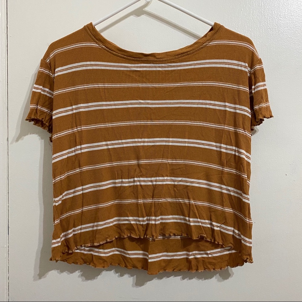 Striped Gold Lettuce Edge Ribbed Crop Top